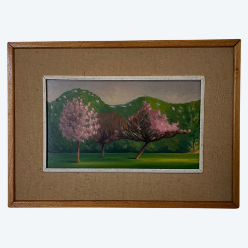 Oil on cardboard 1920 representing trees in bloom in the wind