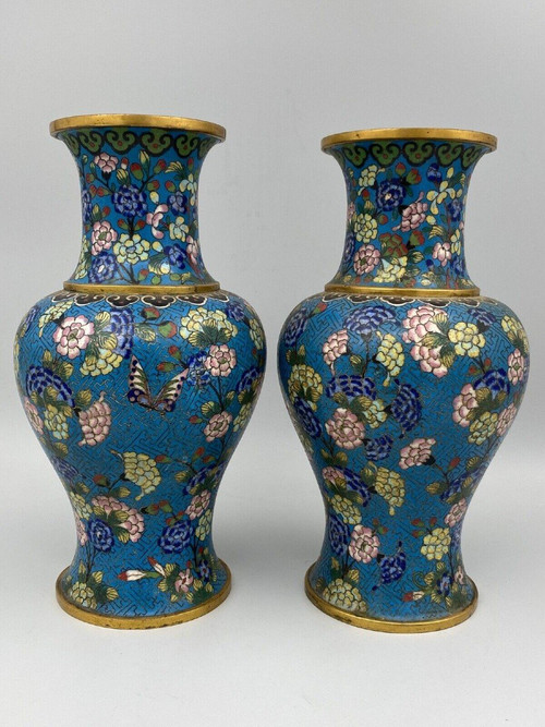 Pair of 19th century Chinese cloisonné vases with floral decoration