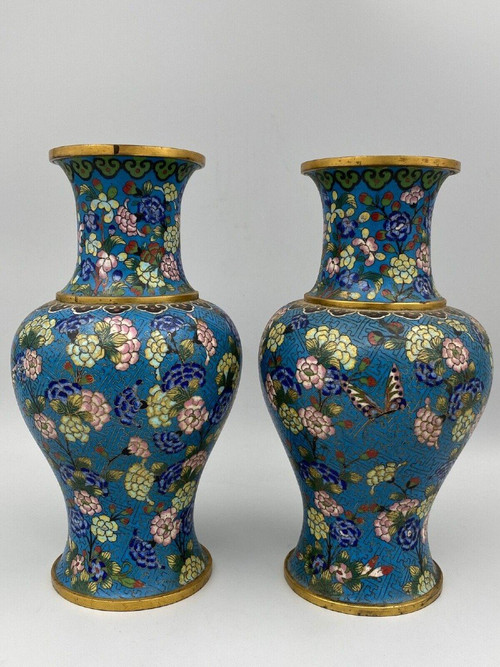 Pair of 19th century Chinese cloisonné vases with floral decoration