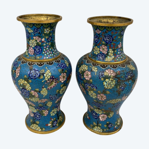 Pair of 19th century Chinese cloisonné vases with floral decoration