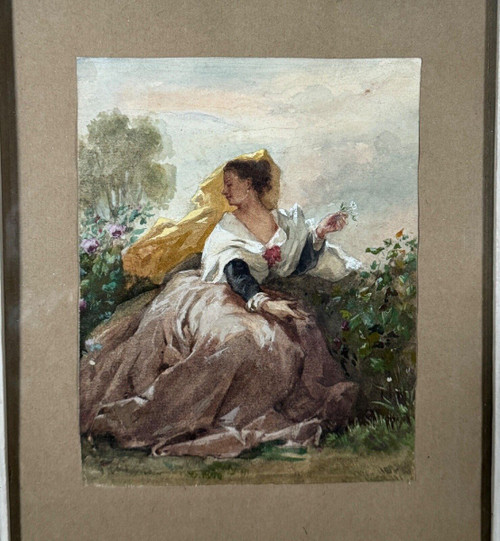 19th century watercolor on paper, signed, representing a woman in costume