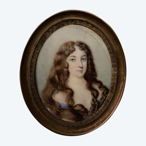 18th century miniature of a woman with long hair, original frame