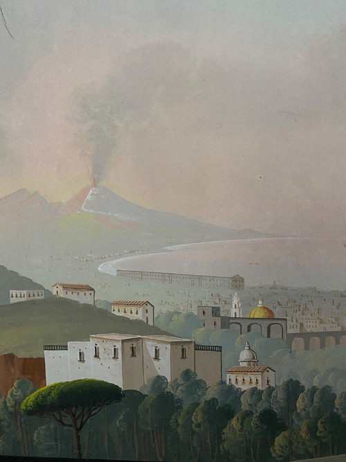 Neapolitan gouache early 19th century Villa Galla Naples eruption of Vesuvius