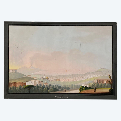 Neapolitan gouache early 19th century Villa Galla Naples eruption of Vesuvius