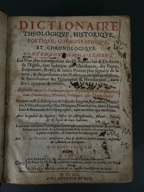 Theological Historical Poetic Dictionary of Juigné Broissinière 1661