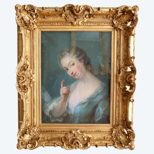 Pastel portrait in Louis XV style after Van Loo, very rich Rocaille frame in gilded wood