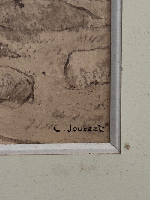 Disegno su carta di Claude Jousset raffigurante una chiesa bretone del XX secolo