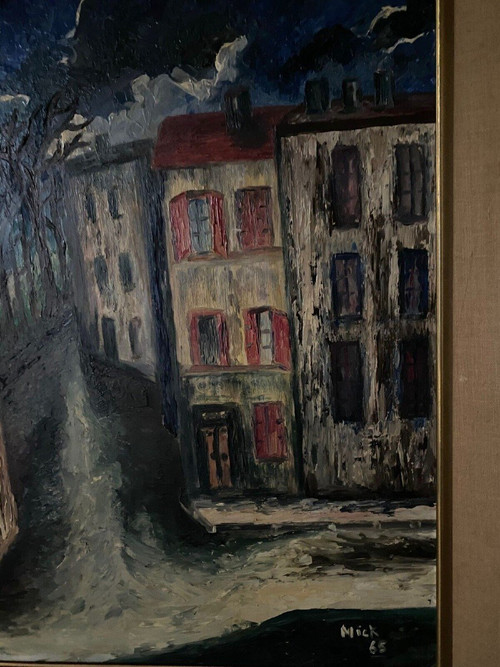 Huile sur panneau par Mick représentant une rue la nuit 1965