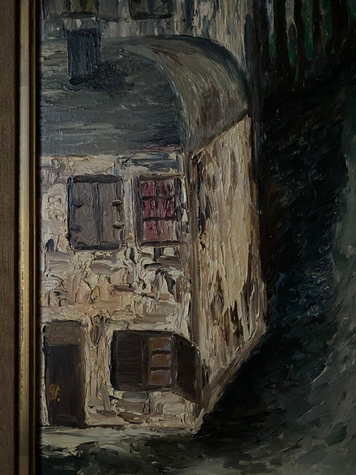 Huile sur panneau par Mick représentant une rue la nuit 1965