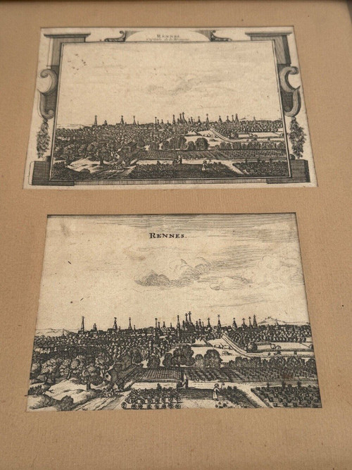 Two 18th century engravings depicting Rennes in a baguette frame