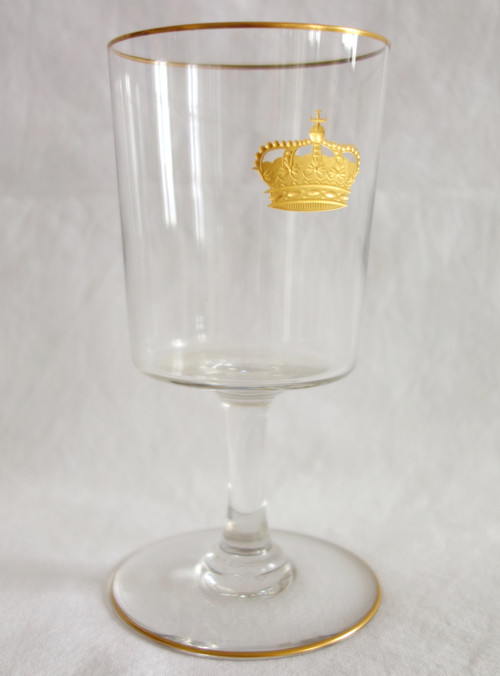 Service de verres 6 pièces en cristal de Baccarat gravé & doré couronne royale, étiquette papier