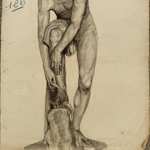 Academic nude in Antique style by Berger known as Lheureux Biloul charcoal 20th century