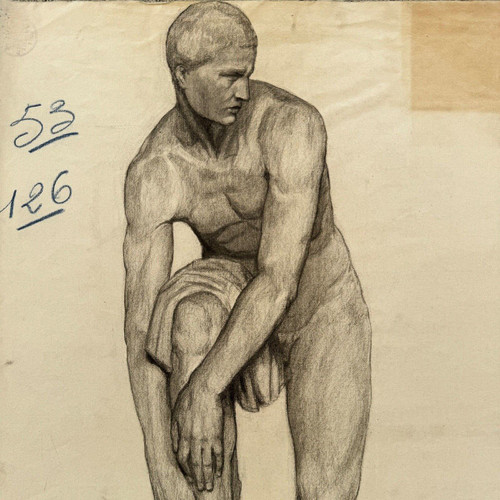 Academic nude in Antique style by Berger known as Lheureux Biloul charcoal 20th century