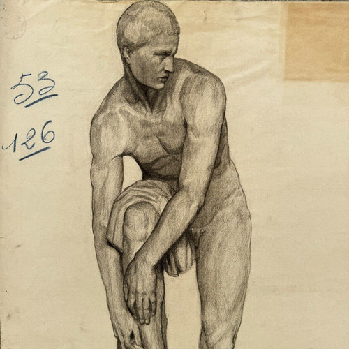 Academic nude in Antique style by Berger known as Lheureux Biloul charcoal 20th century