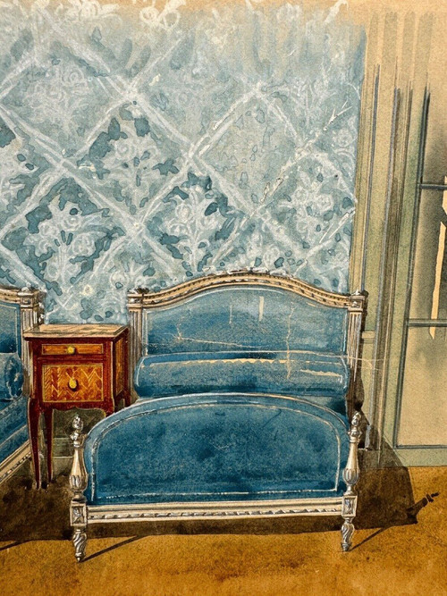 Interior decoration project for a Louis XVI style bedroom in 20th century gouache