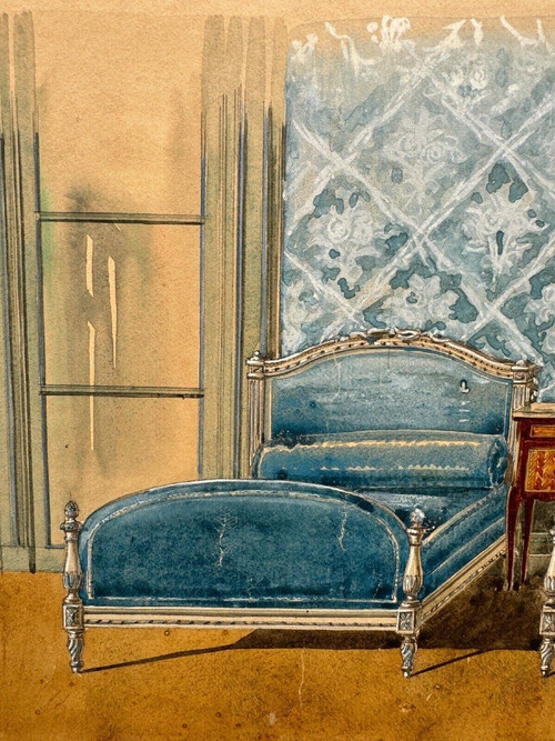 Interior decoration project for a Louis XVI style bedroom in 20th century gouache