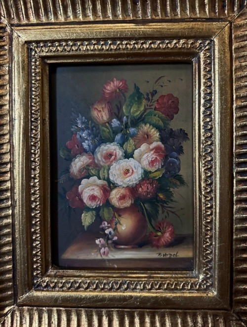 Oil on panel by B. Vogel still life 20th century gilded frame