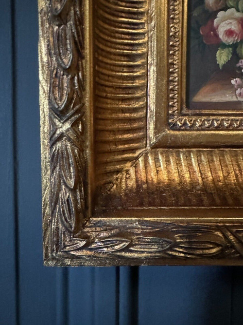 Oil on panel by B. Vogel still life 20th century gilded frame