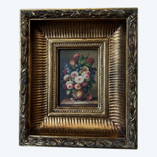 Oil on panel by B. Vogel still life 20th century gilded frame