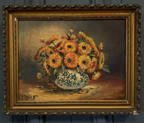 Oil on canvas still life bouquet of flowers 20th century M. Meton