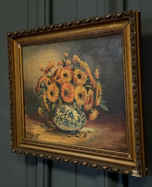 Oil on canvas still life bouquet of flowers 20th century M. Meton