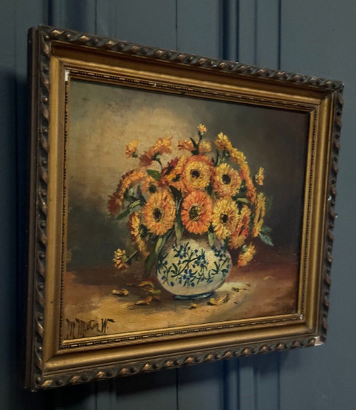 Oil on canvas still life bouquet of flowers 20th century M. Meton