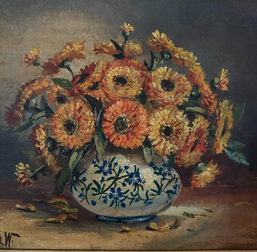 Oil on canvas still life bouquet of flowers 20th century M. Meton