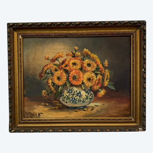 Oil on canvas still life bouquet of flowers 20th century M. Meton