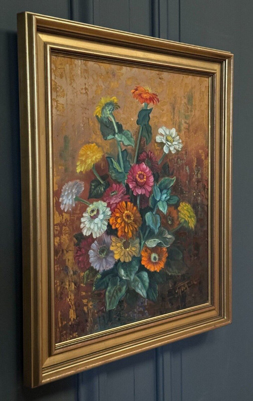 Oil on panel by Picquet still life bouquet of flowers 20th century