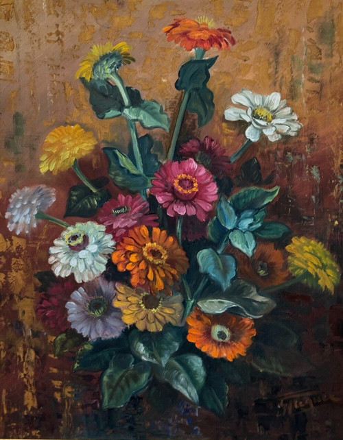 Oil on panel by Picquet still life bouquet of flowers 20th century