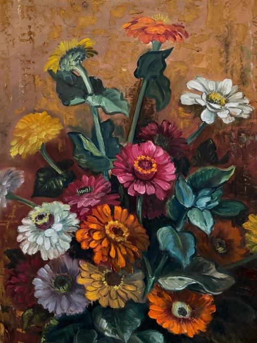 Oil on panel by Picquet still life bouquet of flowers 20th century