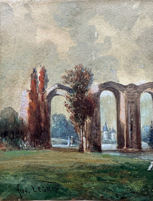 19th century watercolor on paper by Frédéric Legrip representing a canal bank