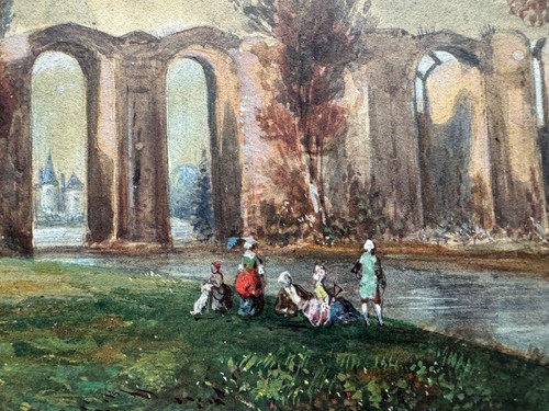 19th century watercolor on paper by Frédéric Legrip representing a canal bank