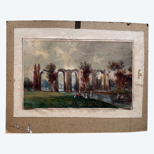 19th century watercolor on paper by Frédéric Legrip representing a canal bank