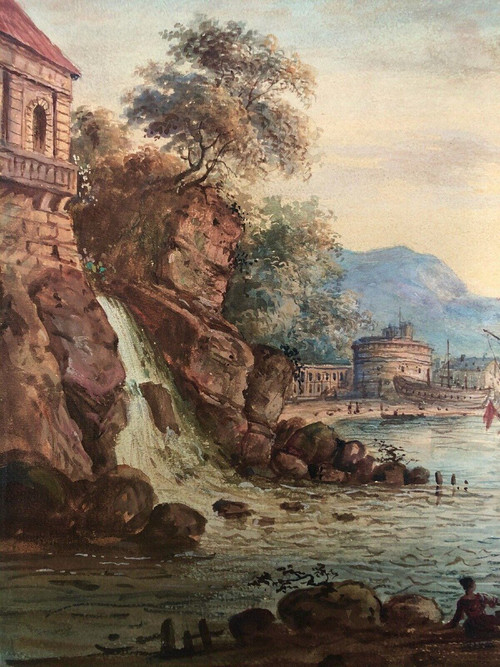 18th century watercolor of a harbor scene with waterfall and ships in a gilded wooden frame