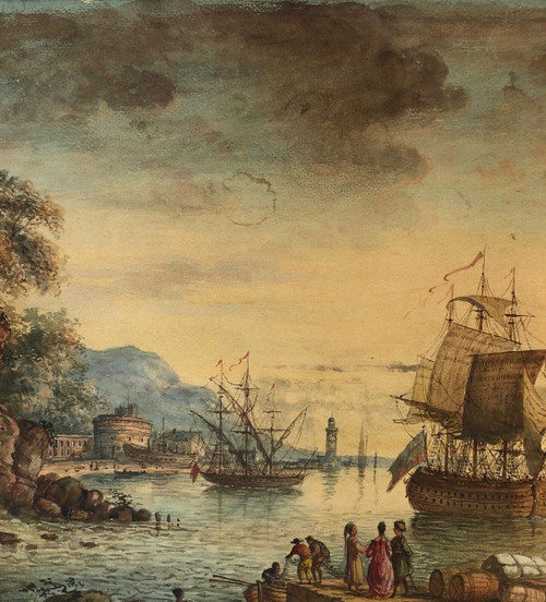 18th century watercolor of a harbor scene with waterfall and ships in a gilded wooden frame