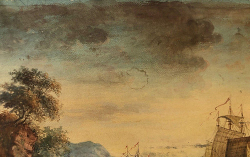 18th century watercolor of a harbor scene with waterfall and ships in a gilded wooden frame