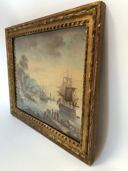 18th century watercolor of a harbor scene with waterfall and ships in a gilded wooden frame