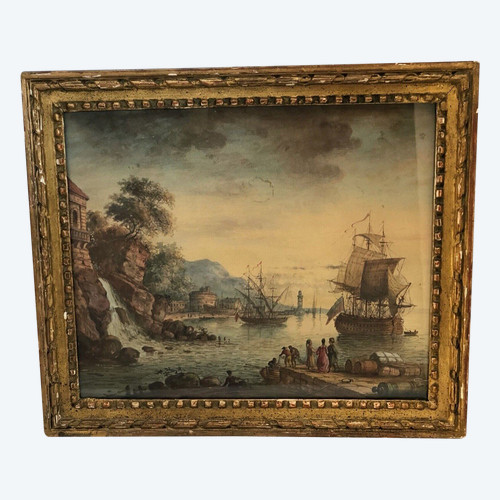 18th century watercolor of a harbor scene with waterfall and ships in a gilded wooden frame