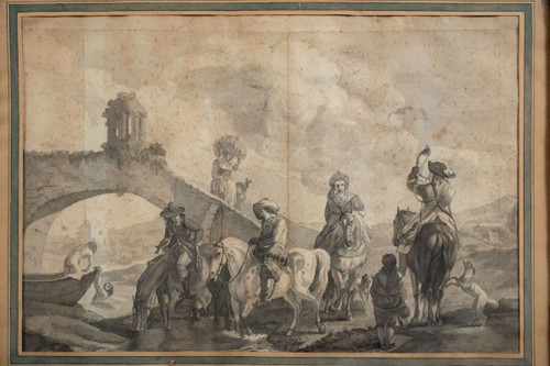 18th century drawing of a scene of horsemen near a bridge in a gilded frame