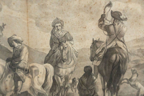 18th century drawing of a scene of horsemen near a bridge in a gilded frame