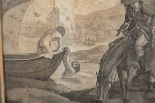 18th century drawing of a scene of horsemen near a bridge in a gilded frame