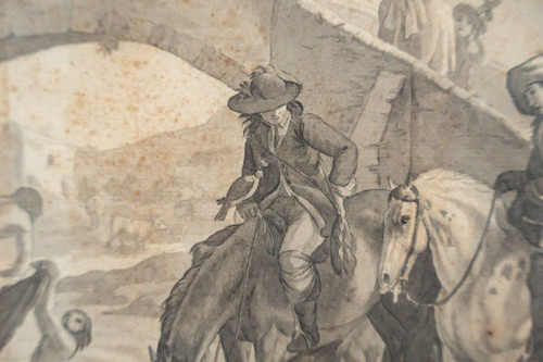 18th century drawing of a scene of horsemen near a bridge in a gilded frame