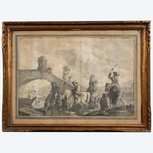 18th century drawing of a scene of horsemen near a bridge in a gilded frame