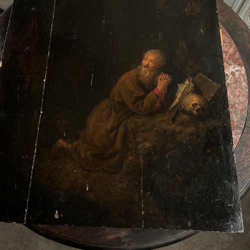 Scene in the taste of Gerrit Dou XVIIth hermit with Vanity oil on panel