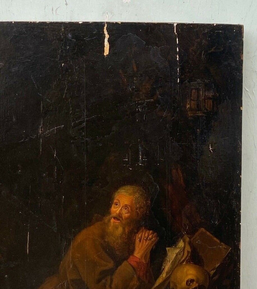 Scene in the taste of Gerrit Dou XVIIth hermit with Vanity oil on panel