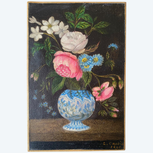 Stillleben aus dem 19. Jahrhundert. Blumenstrauß in einer Vase. L. Cassier. Naive.