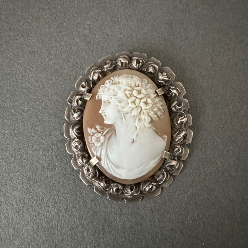 Late 19th century brooch cameo depicting a woman's profile in the Antique style.