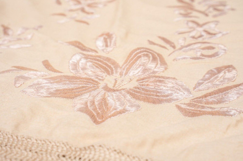 19th century embroidered tablecloth with floral and fringe decoration