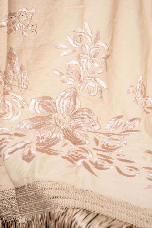 19th century embroidered tablecloth with floral and fringe decoration